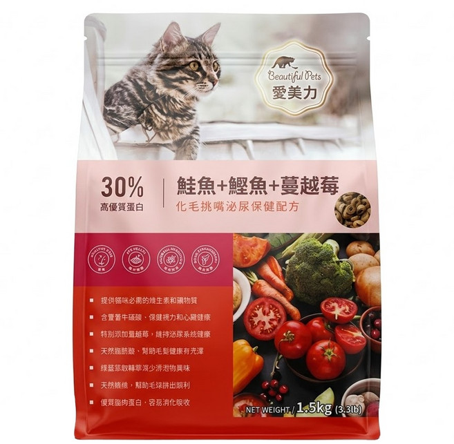 Beautiful Pets 愛美力 貓糧 化毛挑嘴泌尿保健配方, 溫和化毛, 1.5kg, 1袋