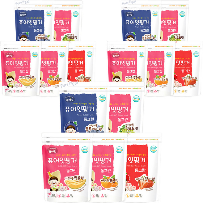 퓨어잇 핑거 동그란 자일리톨 과일링 5종 세트, 딸기, 감귤, 멜론, 청포도, 블루베리, 40g, 3세트