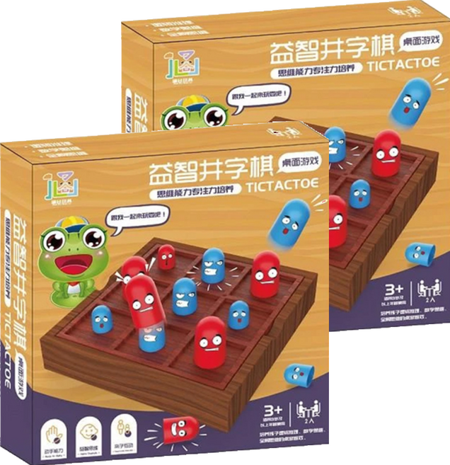 套娃井字棋 藍色棋子x9 紅色棋子x9 表情貼紙x4 棋盤 14.4 x 14.4cm, 2盒