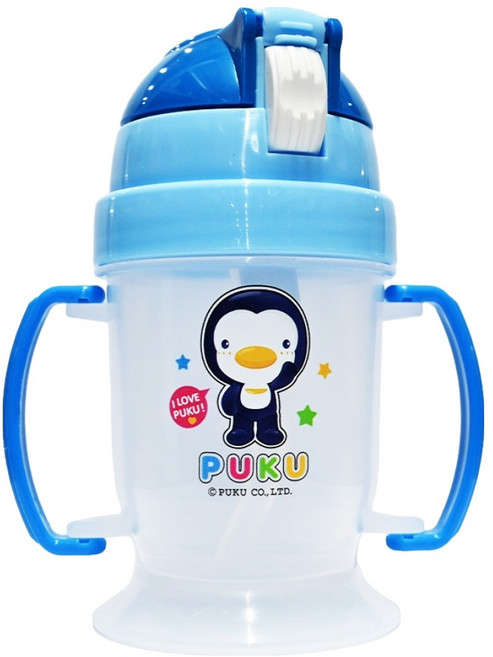 PUKU 藍色企鵝 大頭Q吸管練習杯, 水色, 180ml, 1個
