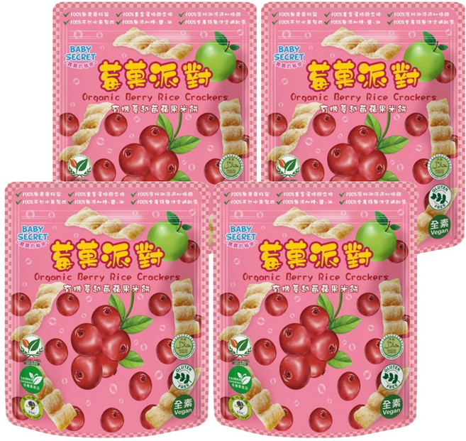 BABY SECRET 寶寶的秘密 有機米餅, 4包, 蔓越莓 + 蘋果, 25g