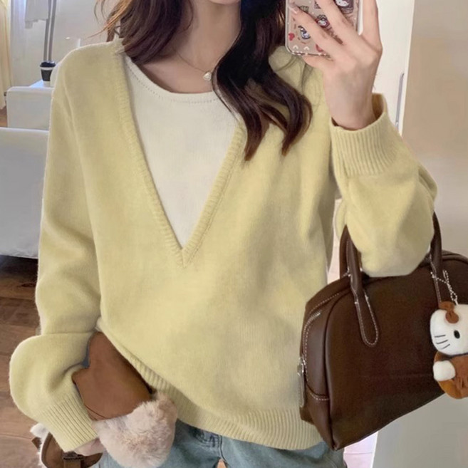 메이첼 여성용 레이어드 드뮤어룩 브이넥 스웨터 11607