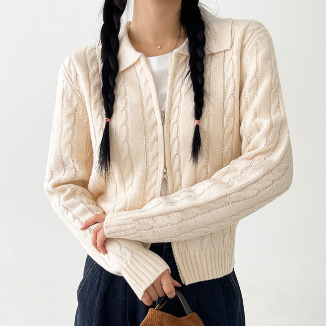 플랜데이 여성용 꽈배기 케이블 니트 긴팔 크롭 투웨이집업