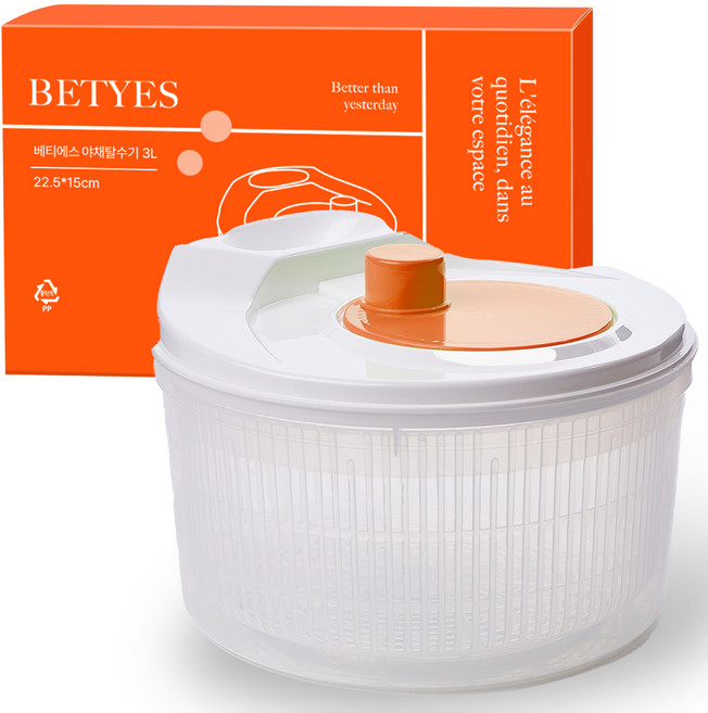 베티에스 야채 탈수기 3L, 화이트 + 오렌지, 1개