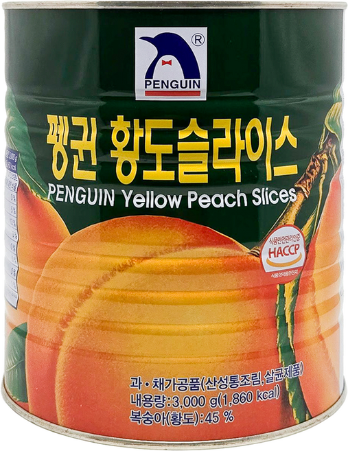 韓國 PENGUIN 黃桃切片罐頭, 1個, 3kg