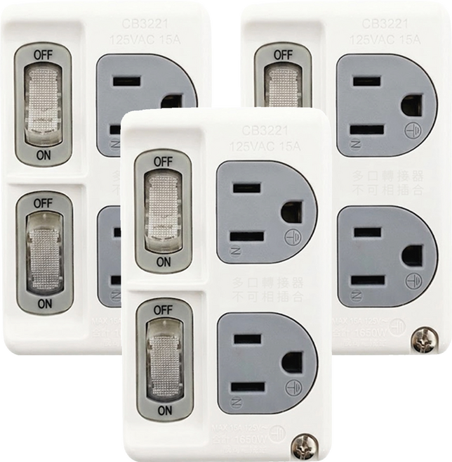WeiTien 威電 高負載分接式插座 CB3221, 白色 + 開關顏色隨機, 3個, 102mm