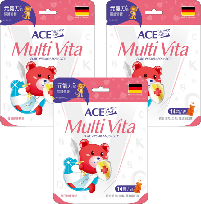 ACE Health Science 無糖綜合維他命軟糖 覆盆莓口味, 2g, 14顆, 3包