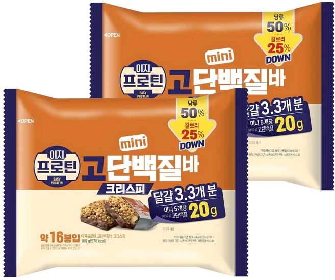 롯데웰푸드 이지프로틴 크리스피 미니 고단백질바, 160g, 2개 - 쿠팡