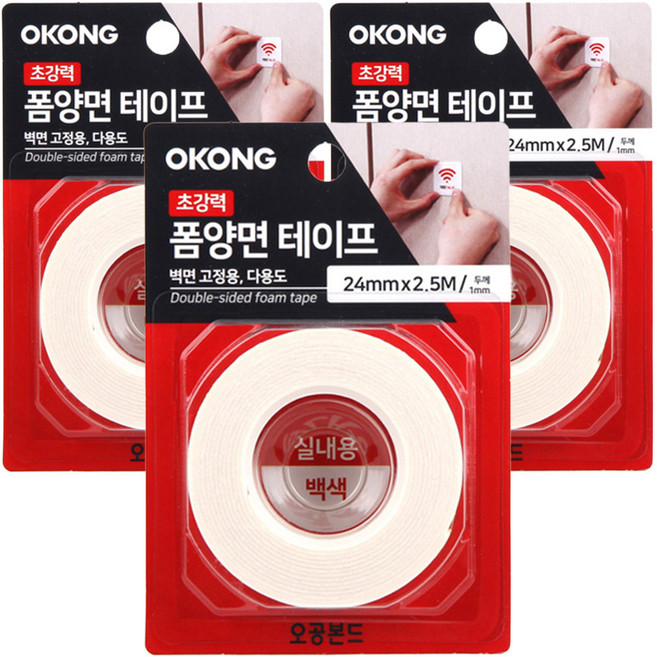 오공 초강력 폼양면 테이프 백색 24mm x 2.5m, 3개