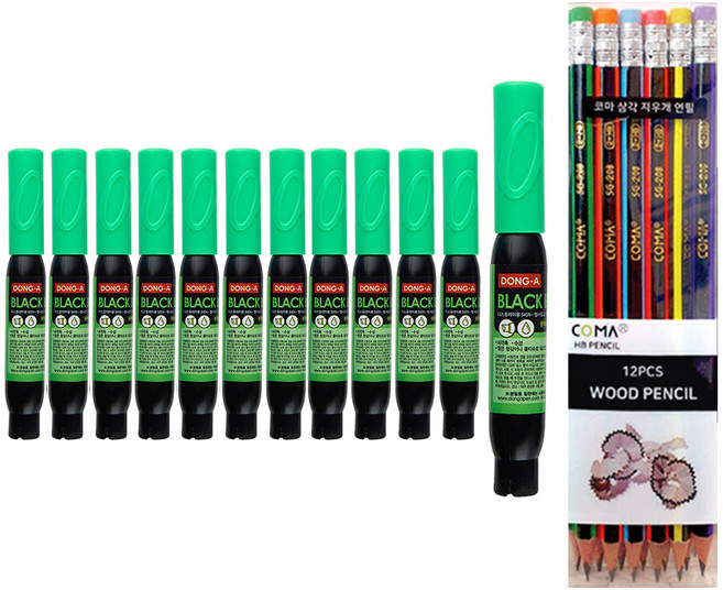 동아 블랙보드마카 12p + 투코비 삼각 지우개 연필 SG-208 12p 세트, 형광연두(보드마카), 혼합색상(지우개연필), 1세트