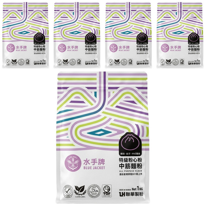 聯華製粉 BLUE JACKET 水手牌 特級粉心粉中筋麵粉, 1kg, 5包