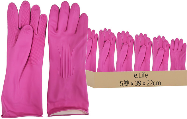 LOTTE 樂天 e.Life 橡膠手套, L(39 x 22cm), 粉色, 5雙