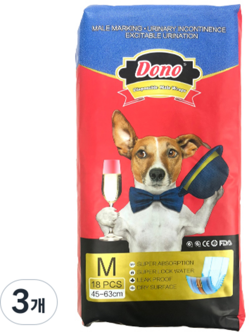 DONO 수컷용 매너패드 강아지 기저귀 블루진, M, 18개입, 3개