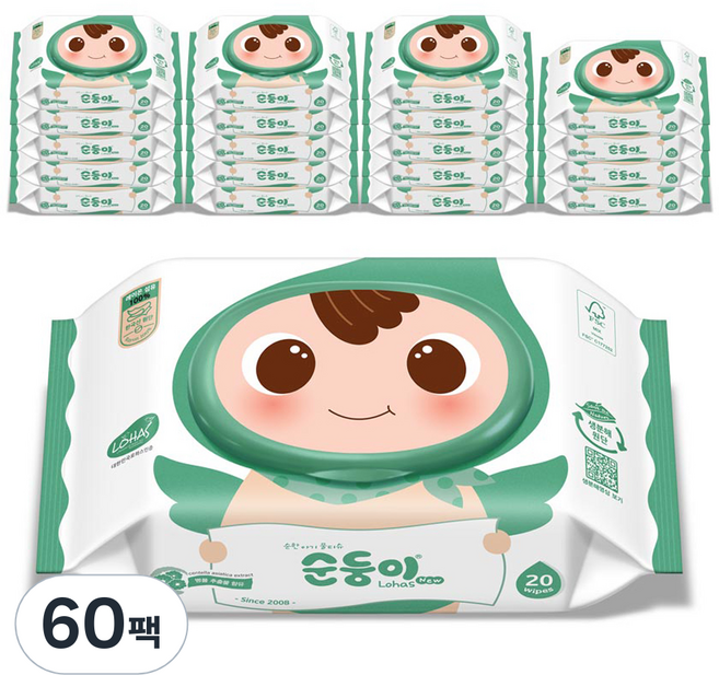 순둥이 로하스 물티슈 휴대캡형 75평량, 75g, 20매, 60팩