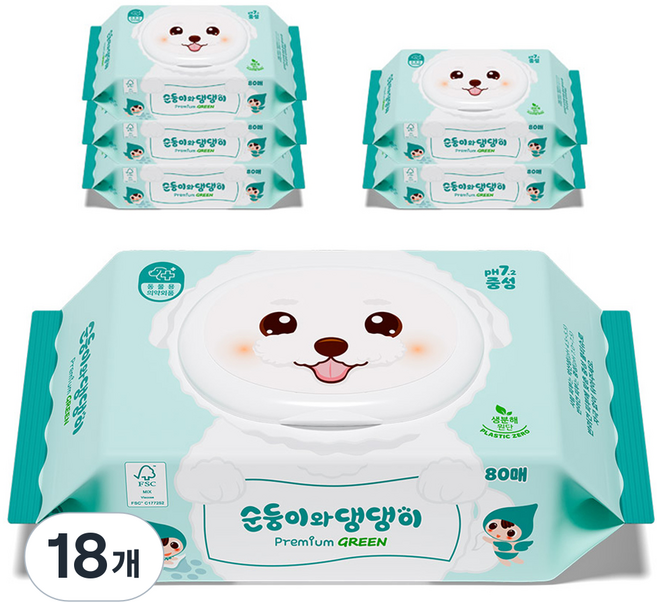 Soondoongi 順順兒 寵物順順與狗狗 優質綠色中性濕紙巾, 80入, 18個