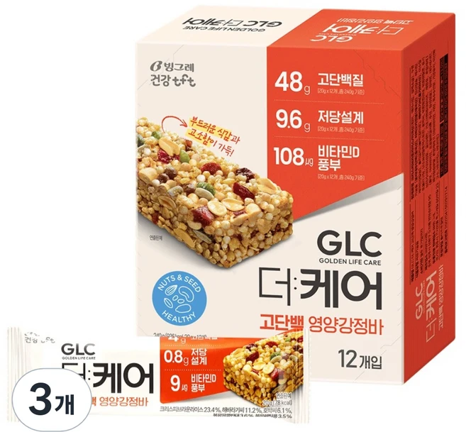 티에프티 GLC 더케어 고단백 영양강정바 12p, 240g, 3개 - 쿠팡