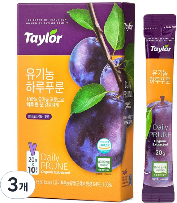 테일러 유기농 하루푸룬 스틱, 200g, 3개