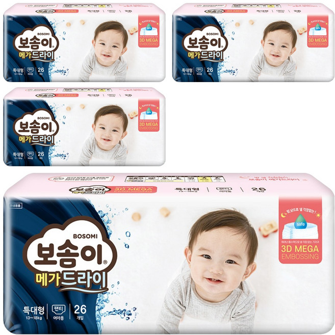 보솜이 메가드라이 팬티형 기저귀 여아용, 특대형(XL), 104매