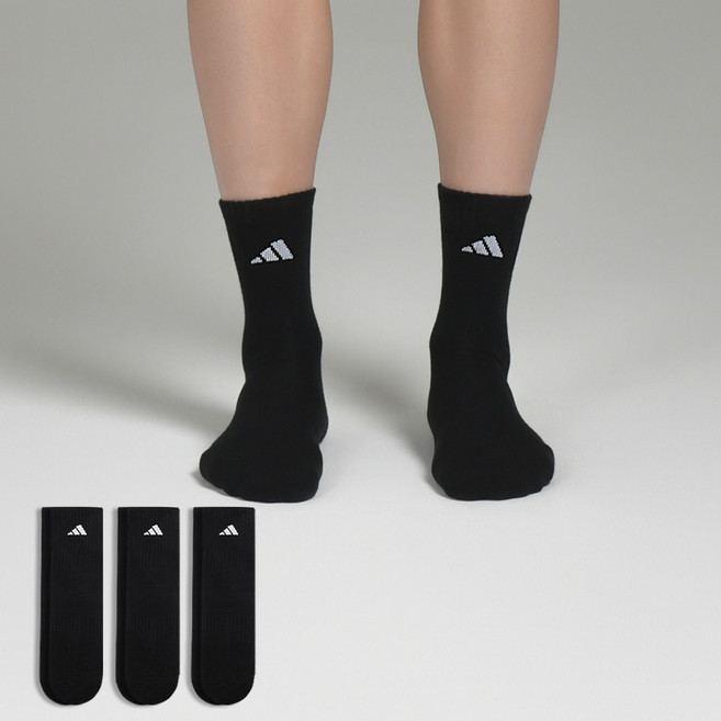 아디다스 심플 쿠션 중목 스포츠양말, 블랙, 3세트