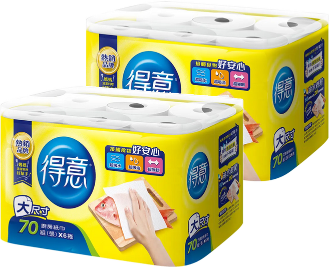 得意 捲筒式廚房紙巾 70張, 6捲, 2袋