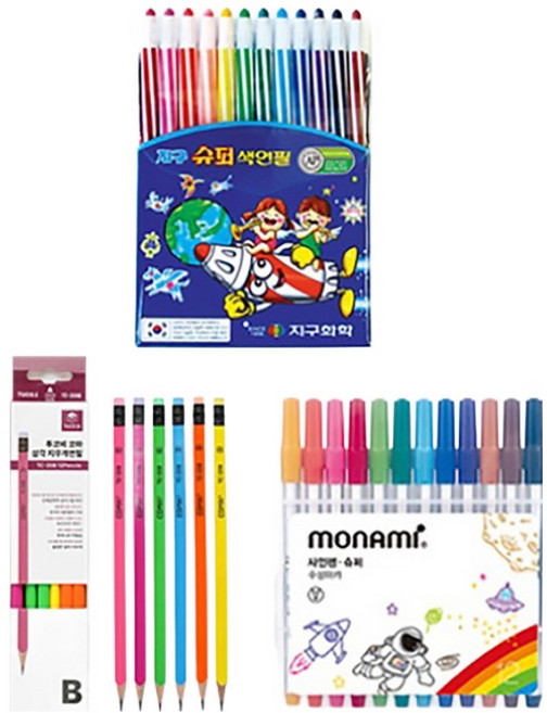 지구화학 슈퍼 색연필 12색 + 투코비 코마 삼각지우개연필 TC-208 B + 모나미 슈퍼사인펜 12색, 혼합색상, 1세트