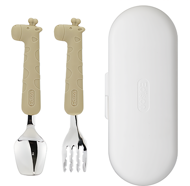 Edison 矽膠餐具組, 湯匙 + 叉子 + 收納盒, 米色長頸鹿, 1組