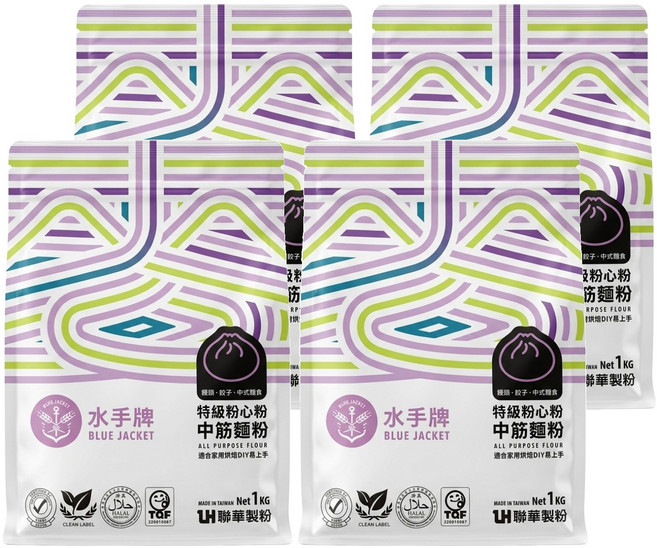 聯華製粉 BLUE JACKET 水手牌 特級粉心粉中筋麵粉, 1kg, 4包