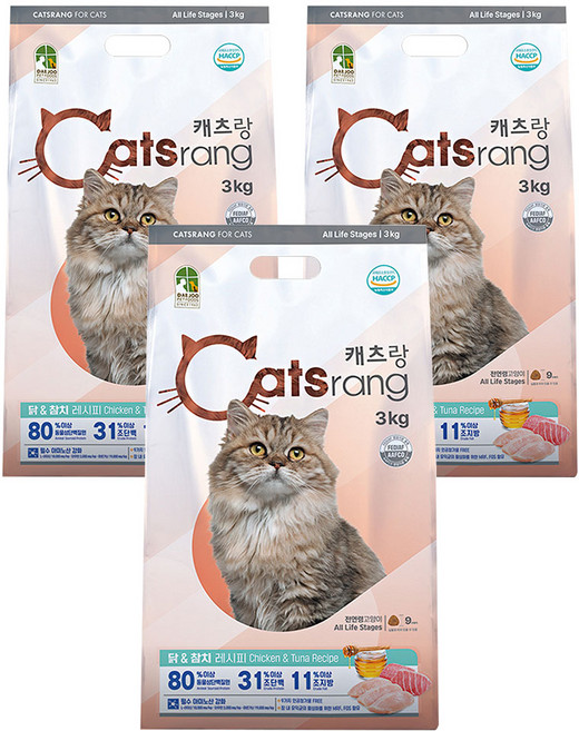 캐츠랑 전연령 고양이 건식사료, 닭+참치, 3kg, 3개