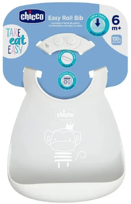 Chicco 立體口袋式防水圍兜 柔軟防水好清洗 可調整式脖圍 寶寶吃飯好幫手, 灰色, 1件, 1件