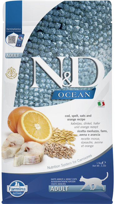 Farmina 法米納 N&D 天然海洋系列 全齡貓乾飼料 OC-3, 1袋, 1500g, 低穀鱈魚甜橙