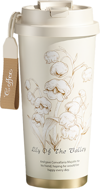 Couselect 鈴花兩用咖啡杯 95 x 95 x 185mm 內膽 陶瓷款/不鏽鋼款 款式隨機, 500ml, 1個, 白色鈴蘭花