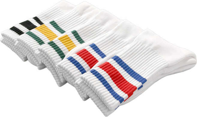 Superbasic 男性 1193 三線條氣墊中筒襪 白底線條5雙組