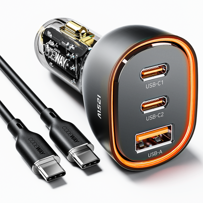 코드웨이 125w 3포트 2C + 1A 차량용 시거잭 자동차 고속 충전기 세트, UC8125BK-C10, 블랙