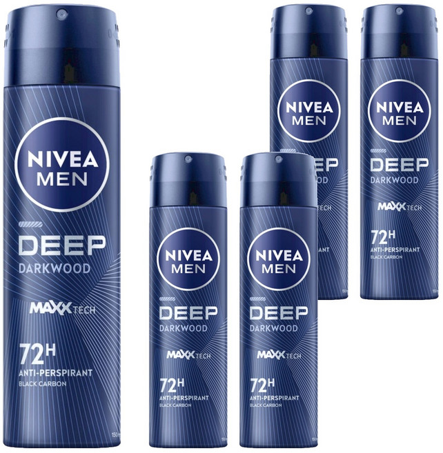 NIVEA 妮維雅 MEN 台灣公司貨 男士止汗爽身噴霧 深極炭系列 清新魅力 噴霧瓶, 150ml, 5瓶