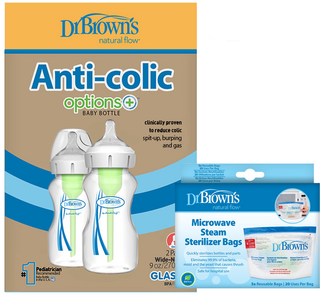 닥터브라운 옵션스 플러스 와이드 유리 젖병 270ml 2p + 스팀백 5p, 1단계, 투명 + 그린 + 화이트, 1개