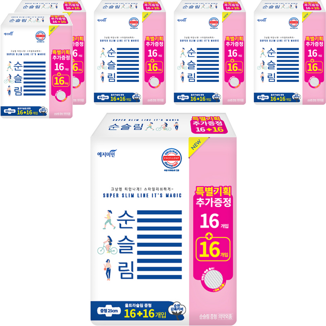 예지미인 순슬림 생리대 날개형, 중형, 32개입, 6개