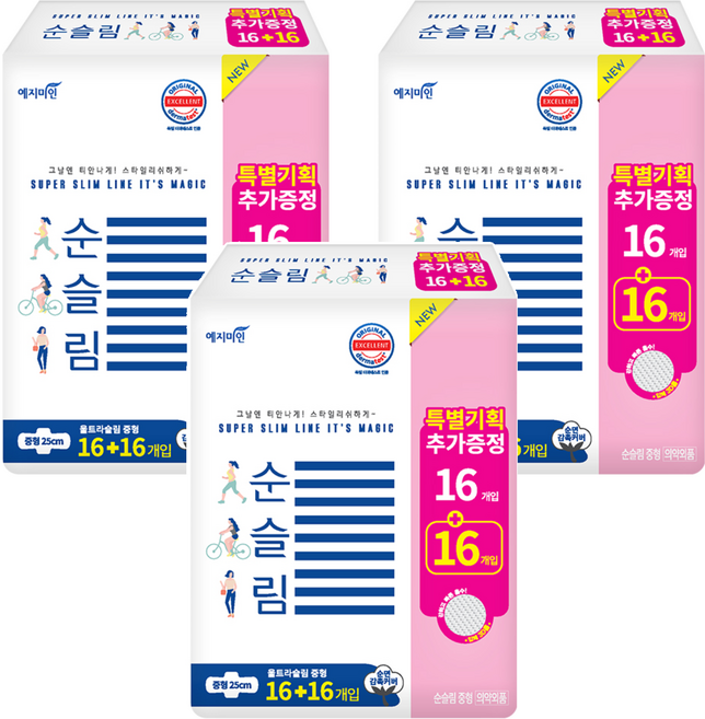 예지미인 순슬림 생리대 날개형, 중형, 32개입, 3개