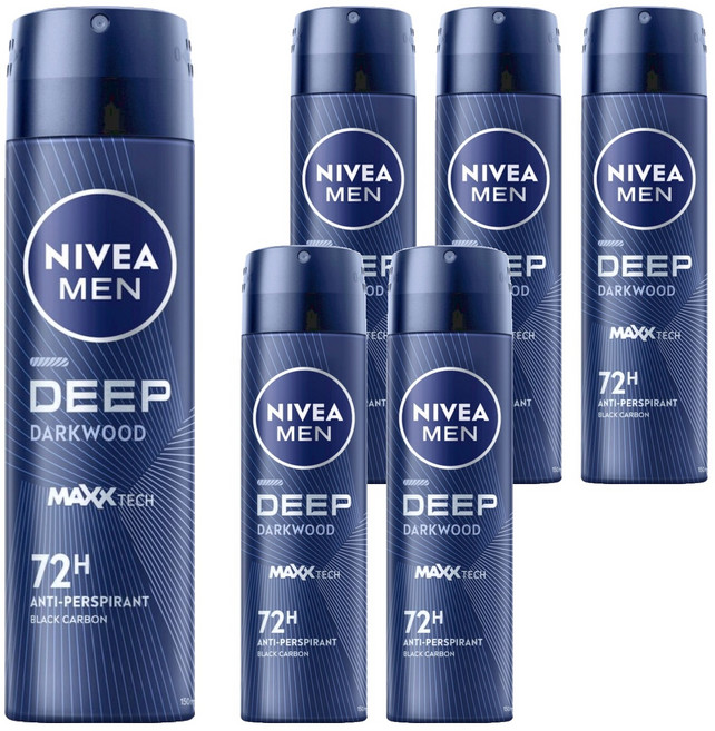 NIVEA 妮維雅 MEN 台灣公司貨 男士止汗爽身噴霧 深極炭系列 清新魅力 噴霧瓶, 150ml, 6瓶