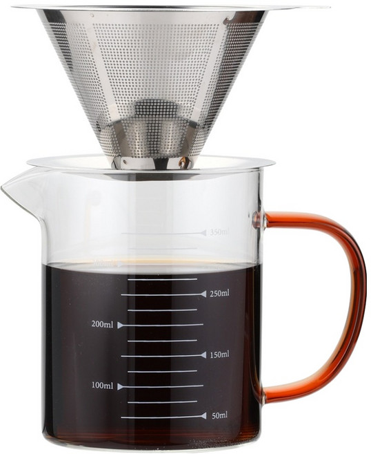 발룬피니 스텐 304 이중망 커피필터 드리퍼 + 내열유리 컬러핸들 계량컵, 350ml, 1세트, 커피필터 드리퍼 + 계량컵