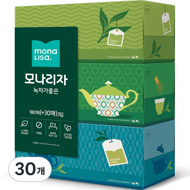 모나리자 녹차가 좋은 미용티슈 2겹 210p, 30개, 210개입