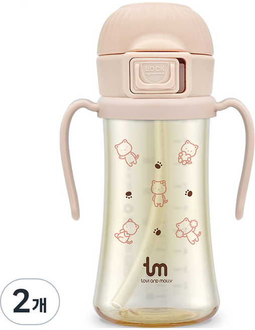 토비앤몰리 유아용 PPSU 원터치락 빨대컵, 280ml, 2개, 핑크