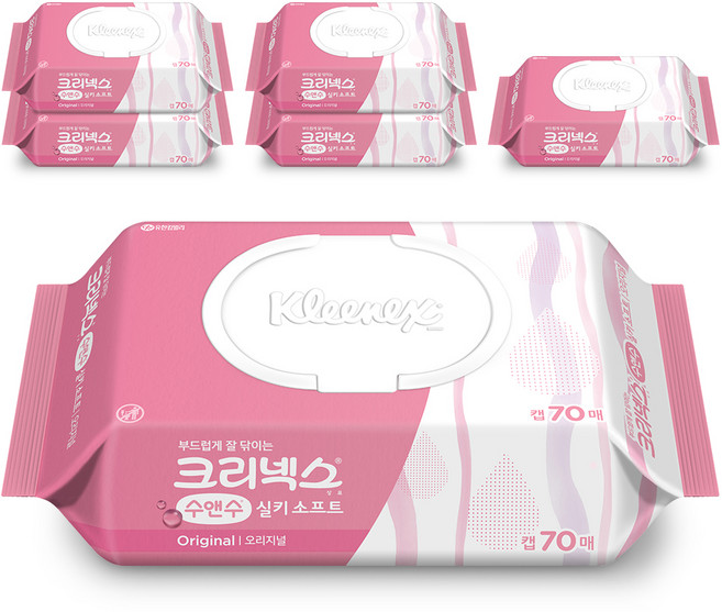 크리넥스 수앤수 실키 소프트 오리지널 물티슈 캡형, 43g, 70개입, 6개