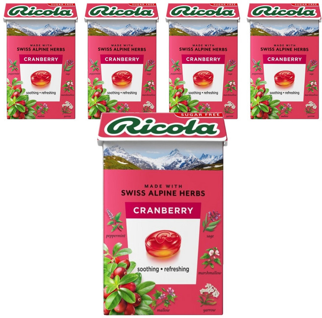 Ricola 利口樂 無糖草本喉糖 蔓越莓口味, 40g, 5盒
