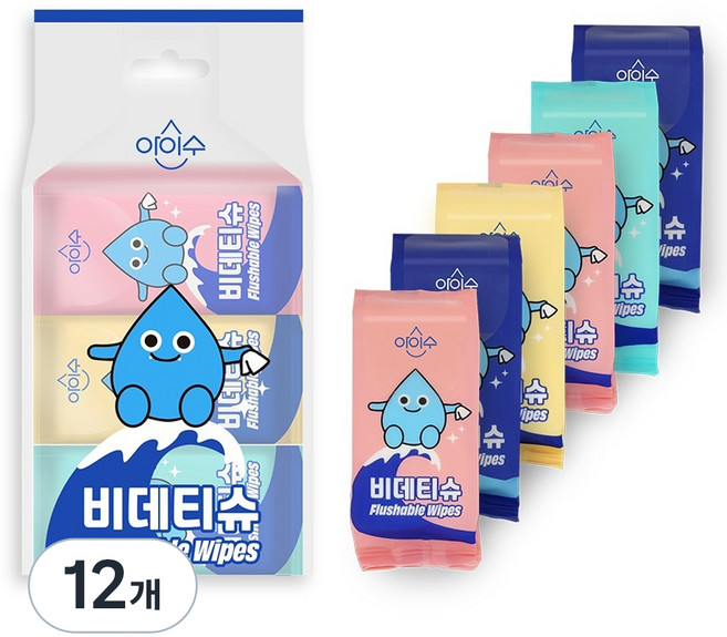 아이수 미니 비데티슈 휴대형 랜덤발송, 55g, 10매, 12개