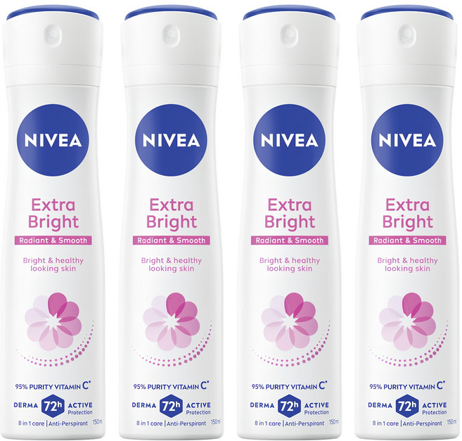 NIVEA 妮維雅 台灣公司貨 止汗爽身噴霧亮白系列 噴霧瓶, 150ml, 4瓶