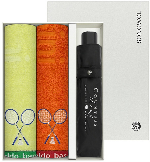 송월타월 배드민턴 스포츠 86g 30수 면사 2p +CM 3단 폰지 우산 선물세트, 랜덤발송, 1세트