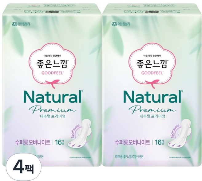 좋은느낌 내추럴 프리미엄 울트라슬림 생리대 날개형, 오버나이트 이상, 16개입, 4세트