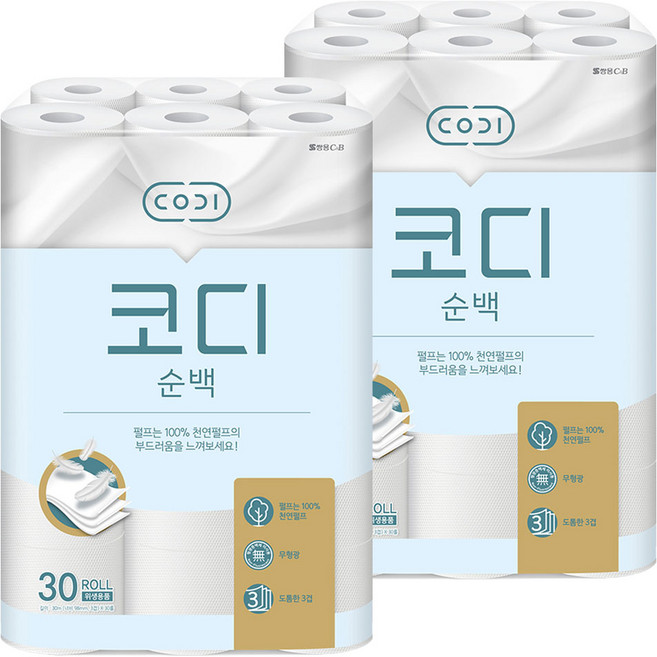 코디 순백 3겹 천연펄프 롤 화장지, 30m, 30개입, 2개