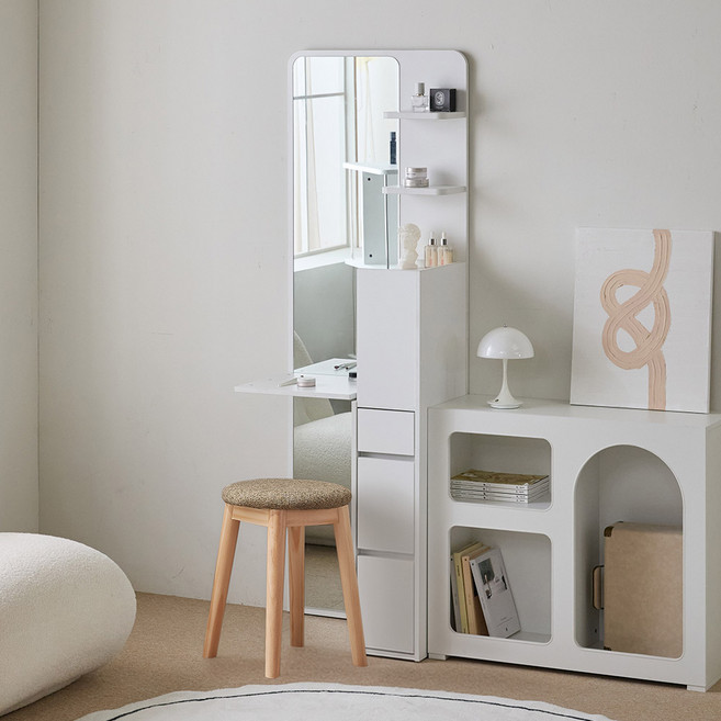 파로마 리오 전신거울 폴딩선반 수납 스탠딩 화장대 + 원목쿠션스툴 세트 방문설치, 화이트(화장대), 트위트브라운(스툴)