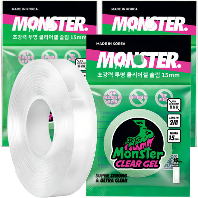 몬스터겔 슬림 초강력 양면테이프 15mm x 2m, 투명, 3개